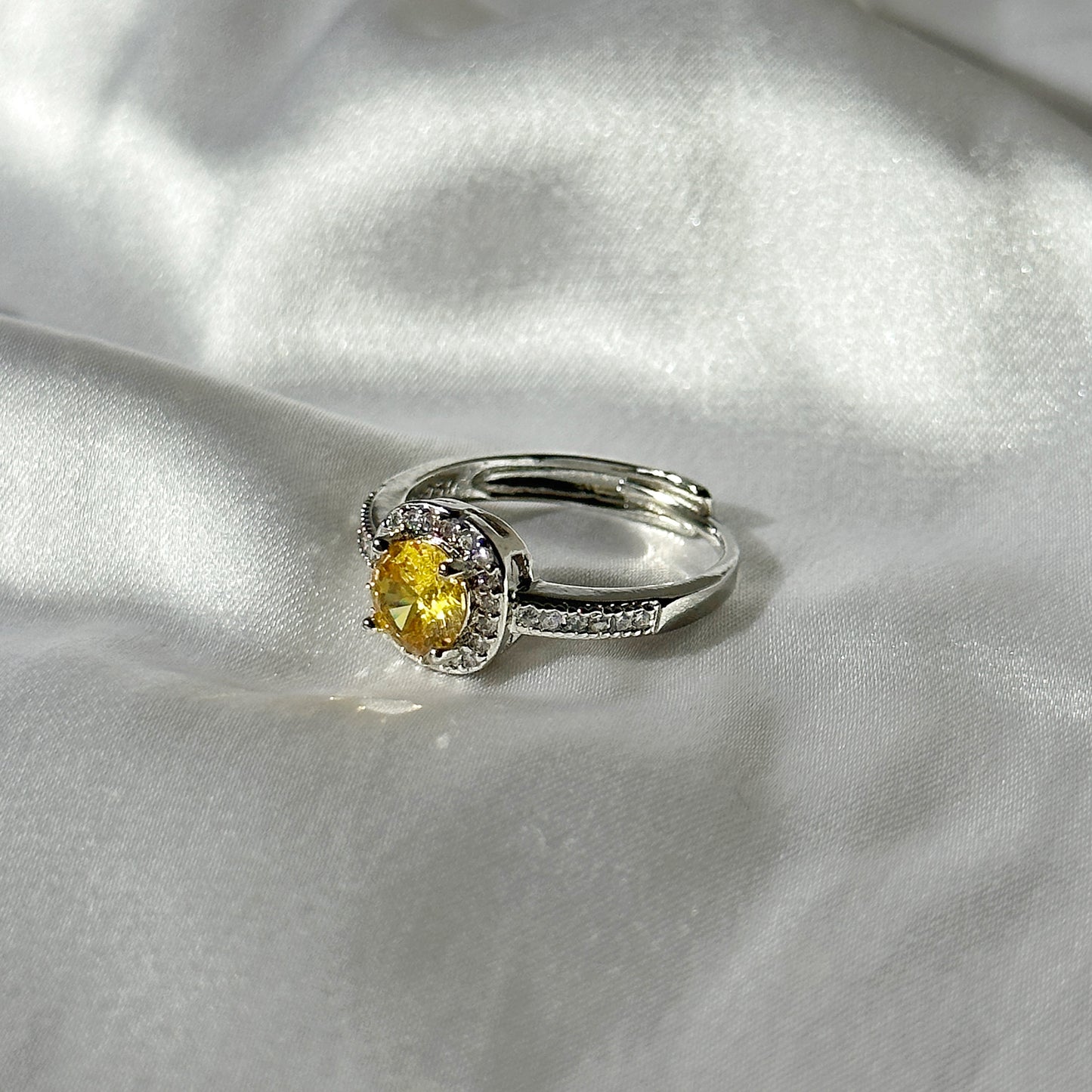 Yellow Topaz Cubic Zircon American Diamond Silver Plated Adjustable Ring