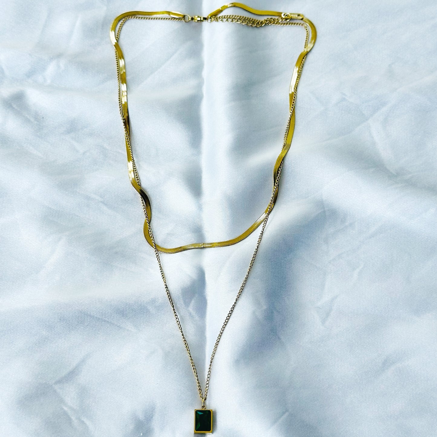 Green Emerald Gold Plated Stainless Steel Necklace