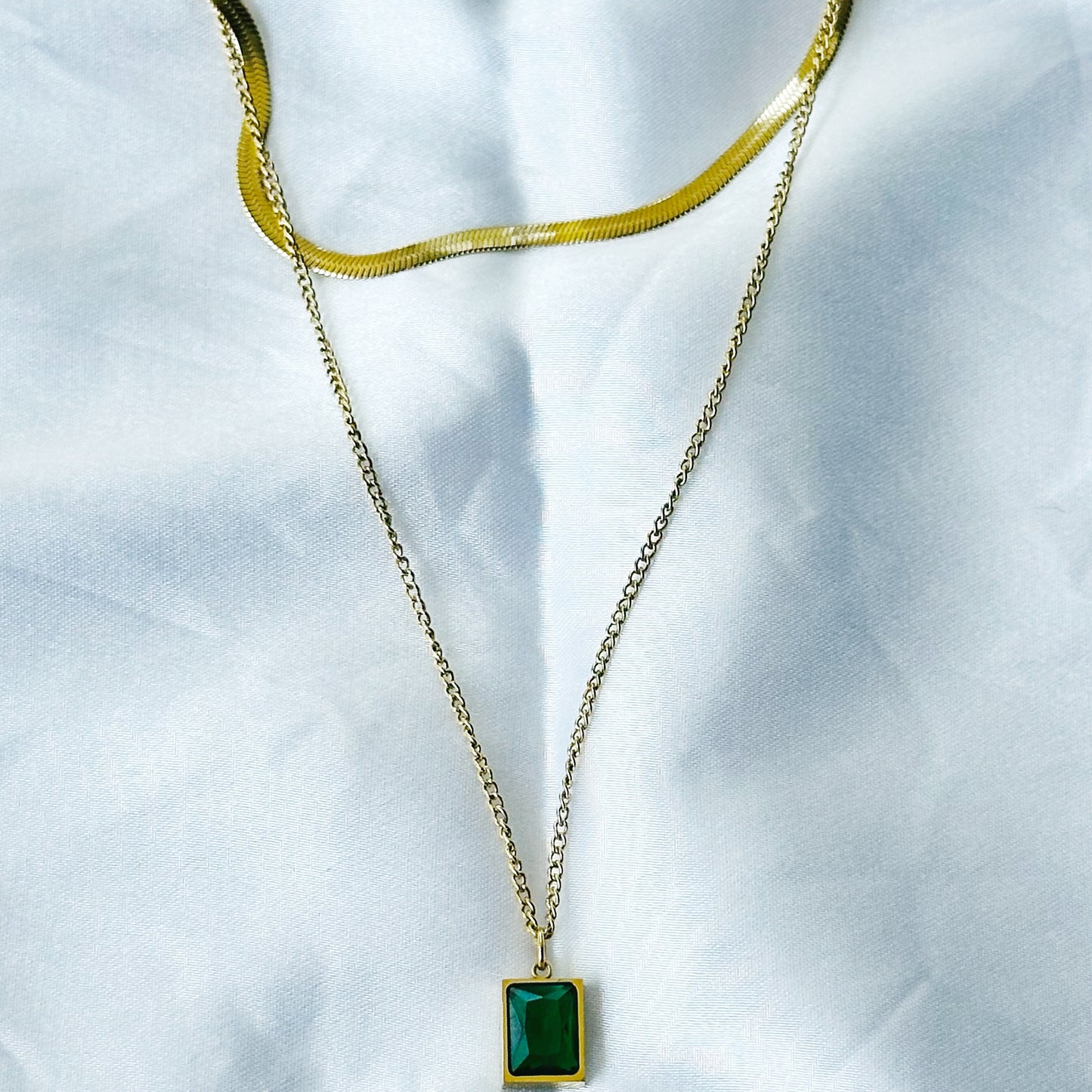 Green Emerald Gold Plated Stainless Steel Necklace