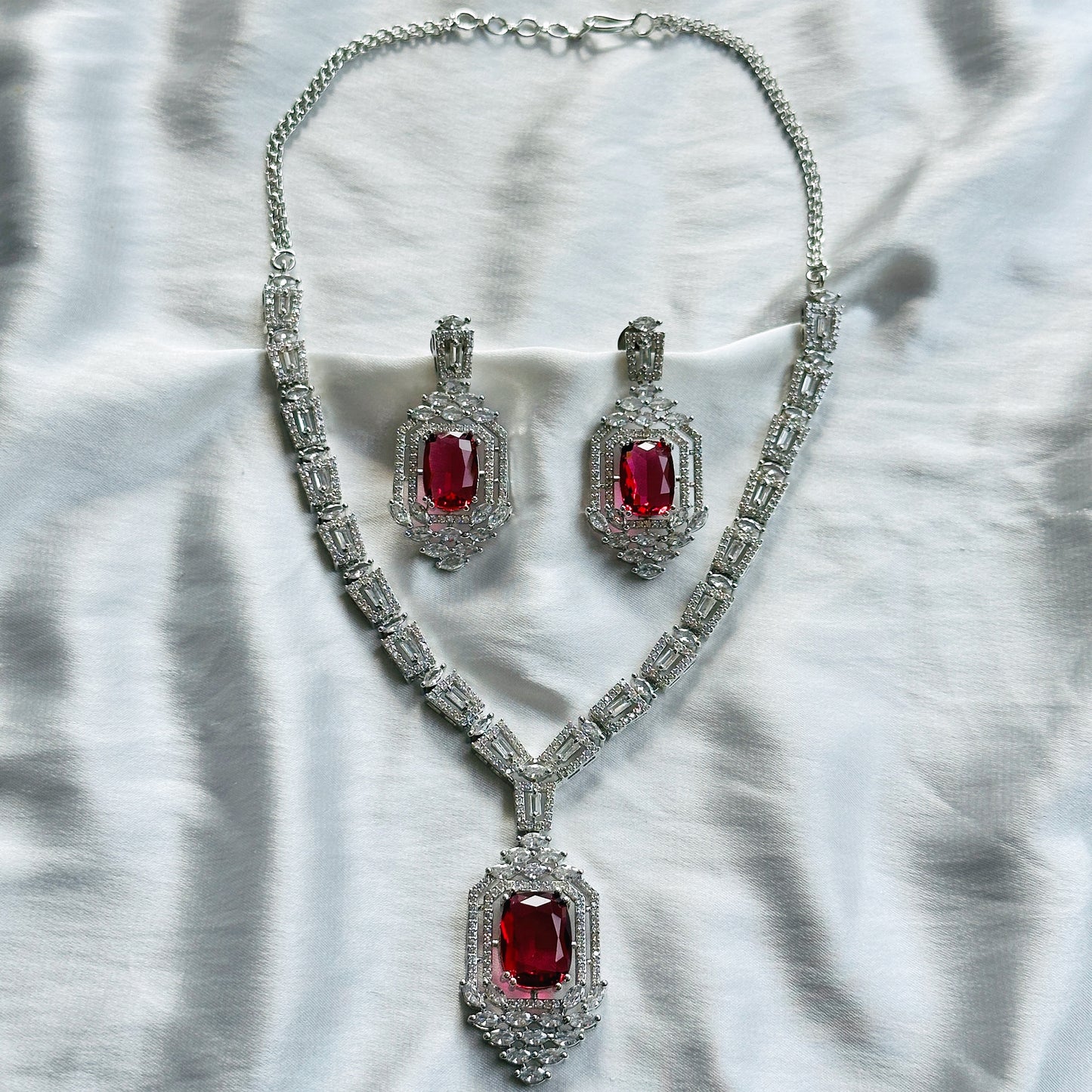 Red Ruby Cubic Zircon Stone American Diamond Silver Plated Necklace Set