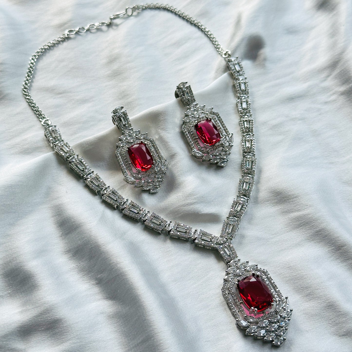 Red Ruby Cubic Zircon Stone American Diamond Silver Plated Necklace Set