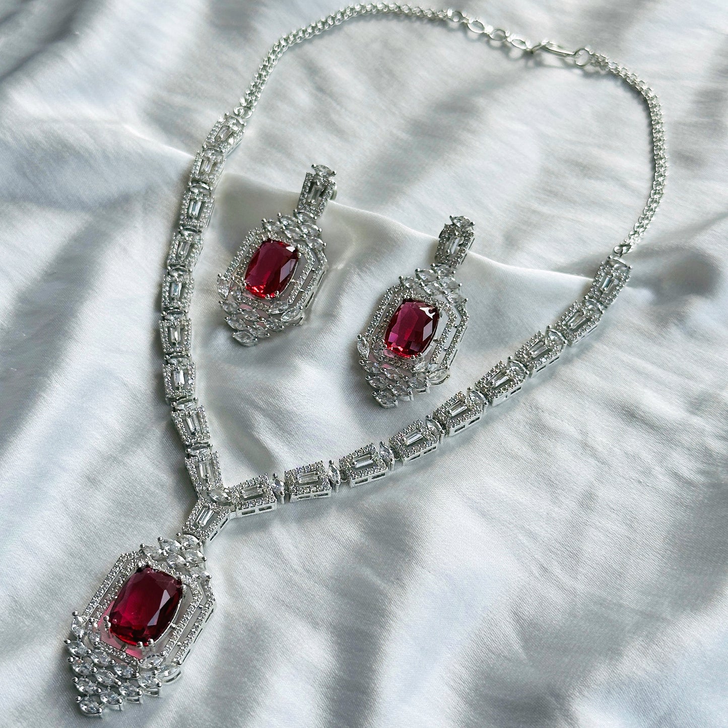 Red Ruby Cubic Zircon Stone American Diamond Silver Plated Necklace Set