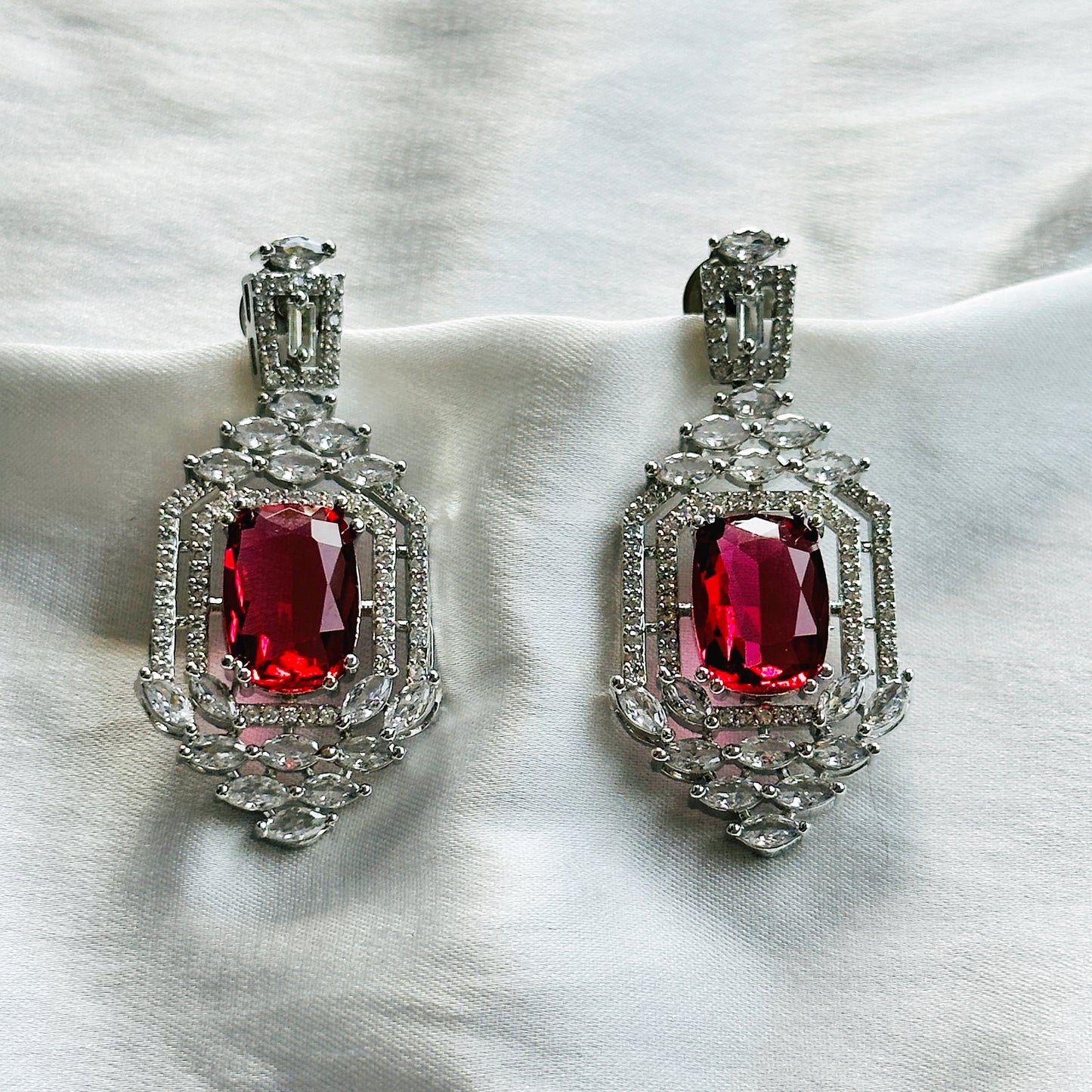 Red Ruby Cubic Zircon Stone American Diamond Silver Plated Necklace Set