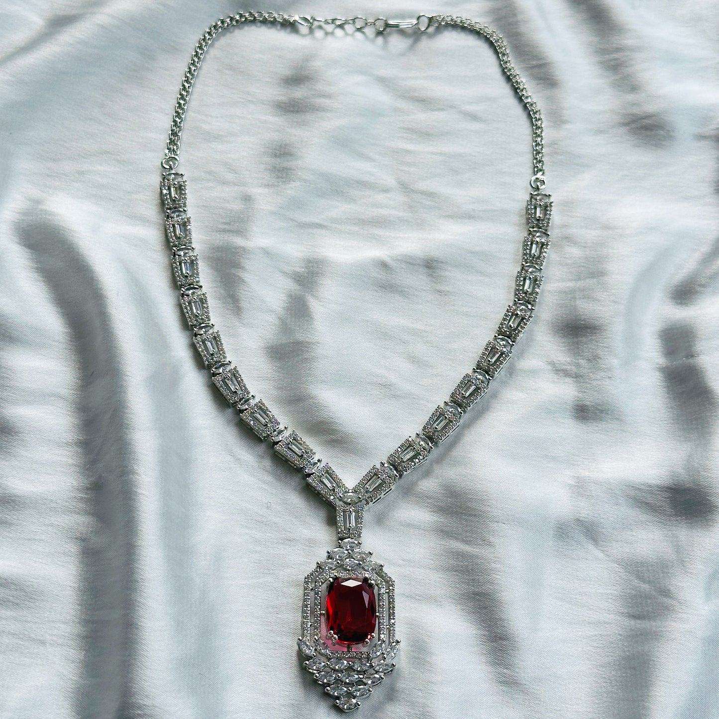 Red Ruby Cubic Zircon Stone American Diamond Silver Plated Necklace Set