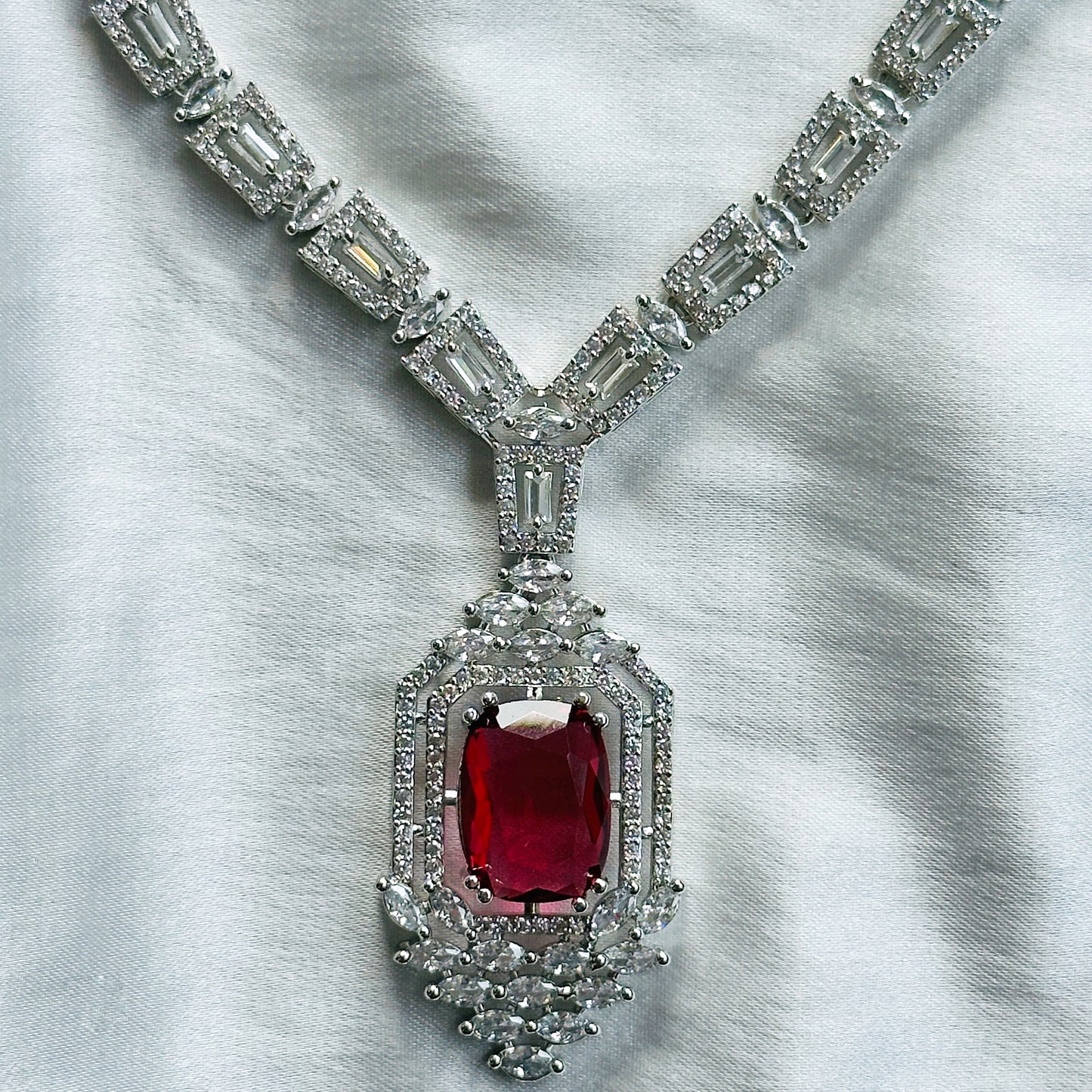 Red Ruby Cubic Zircon Stone American Diamond Silver Plated Necklace Set