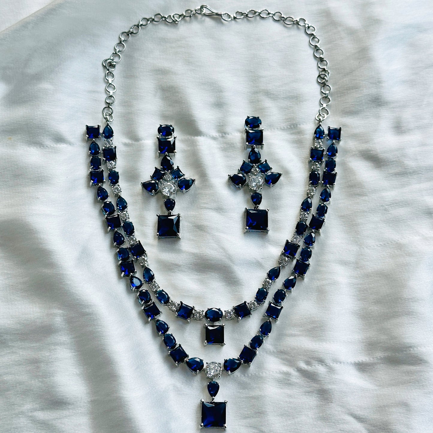 Blue Sapphire Zircon Stones American Diamond Double Chain Silver Plated Necklace Set