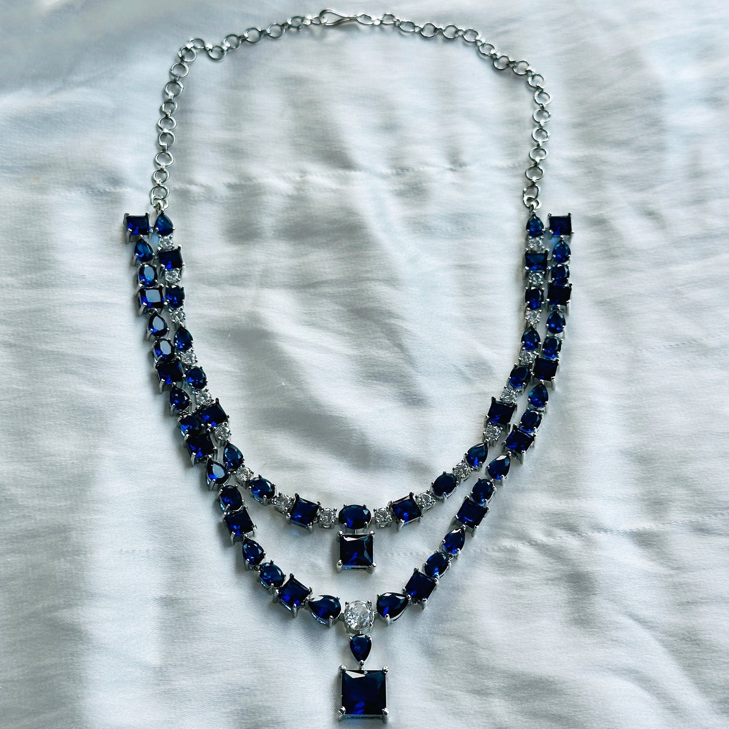 Blue Sapphire Zircon Stones American Diamond Double Chain Silver Plated Necklace Set