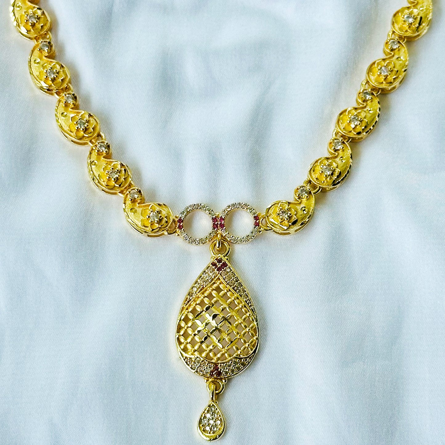 Red Ruby & Solitaire Cubic Zirconia American Diamond 1 Micron Gold Plated Necklace Set