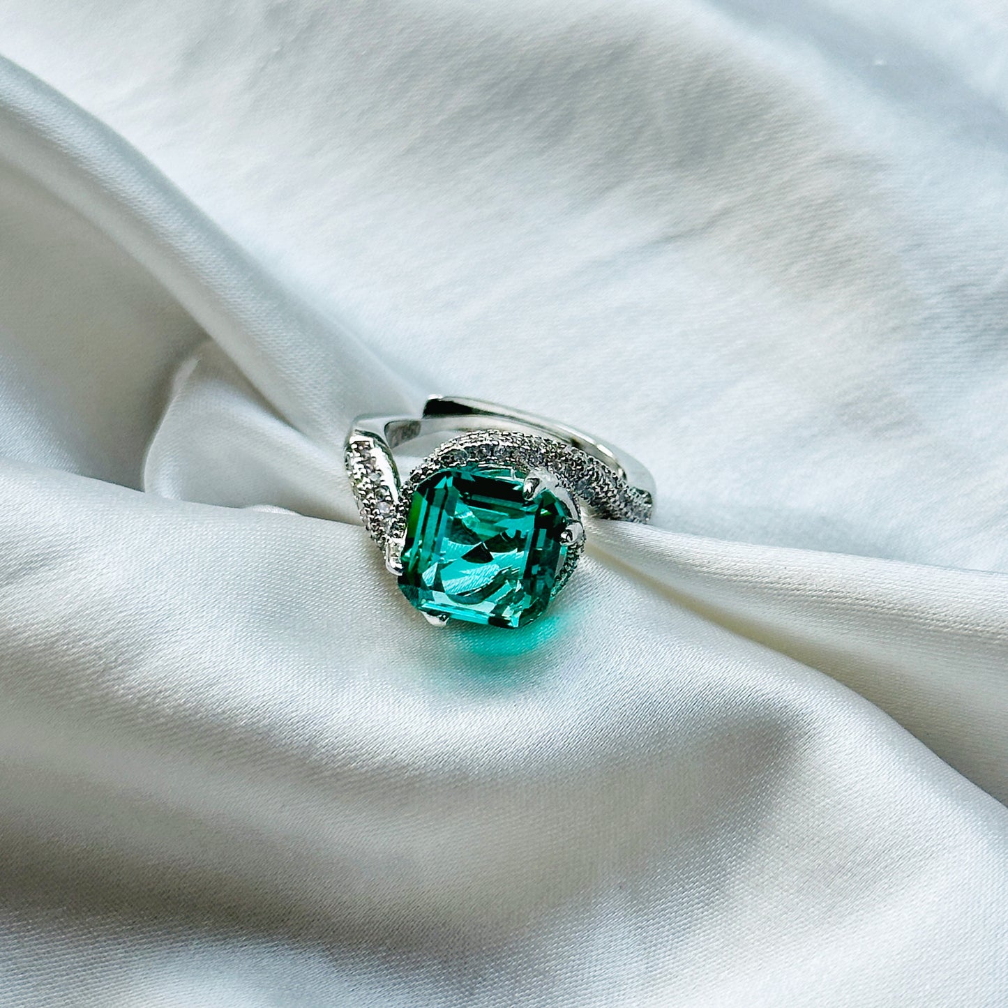 Sea Green Topaz Cubic Zircon American Diamond Silver Plated Adjustable Ring