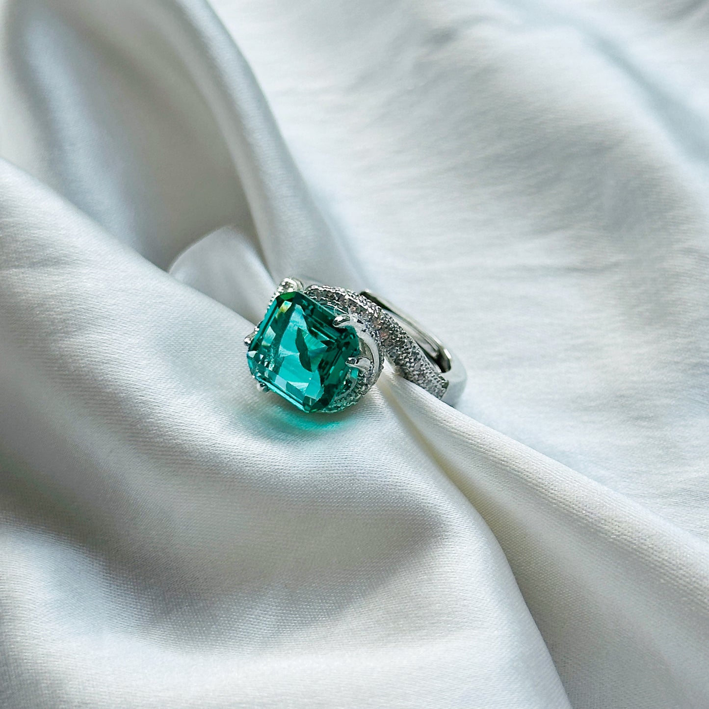 Sea Green Topaz Cubic Zircon American Diamond Silver Plated Adjustable Ring