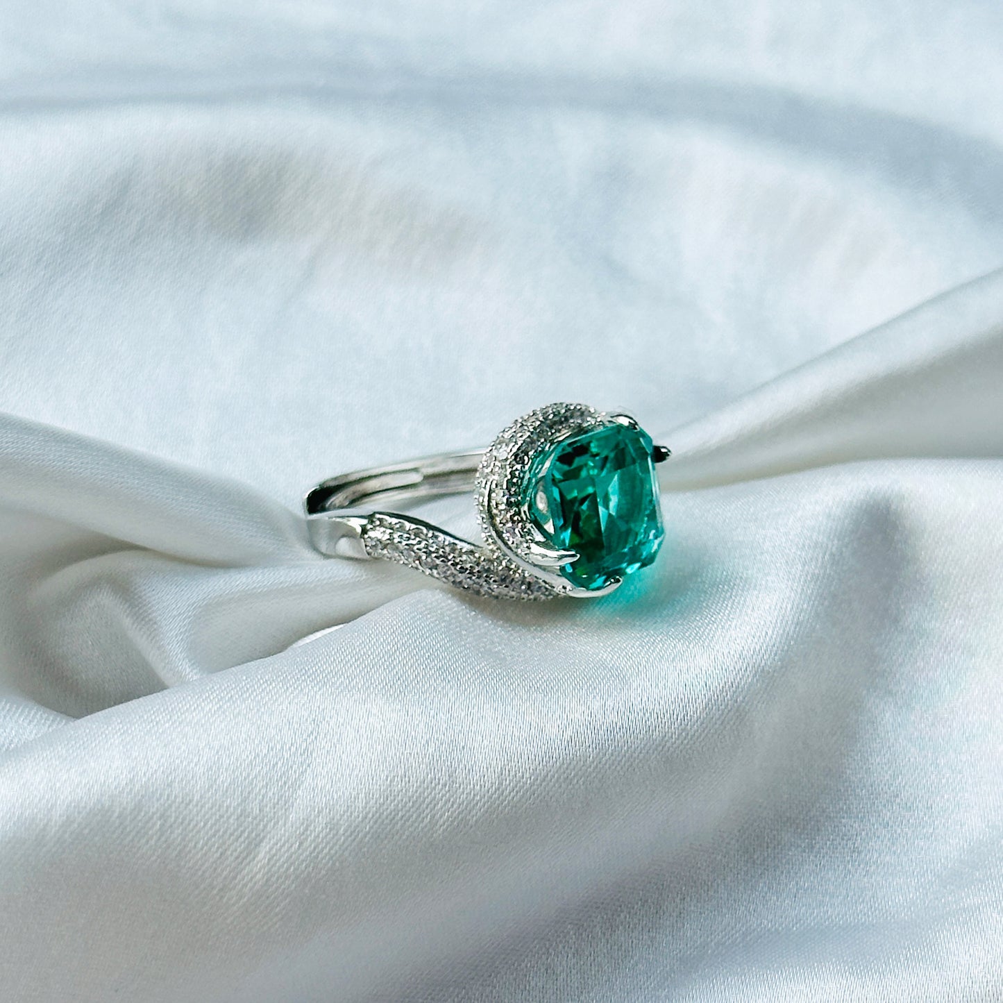 Sea Green Topaz Cubic Zircon American Diamond Silver Plated Adjustable Ring