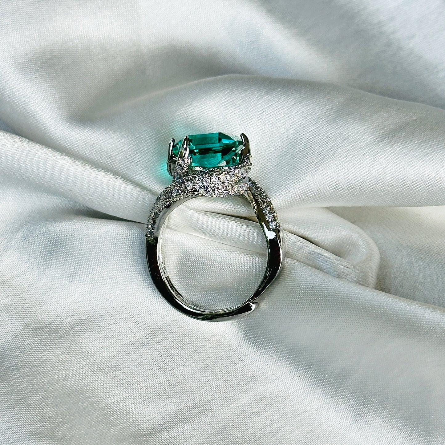 Sea Green Topaz Cubic Zircon American Diamond Silver Plated Adjustable Ring
