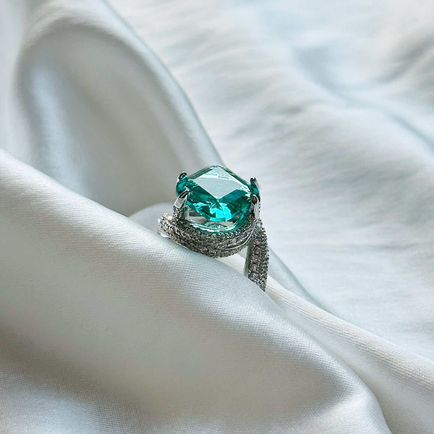 Sea Green Topaz Cubic Zircon American Diamond Silver Plated Adjustable Ring