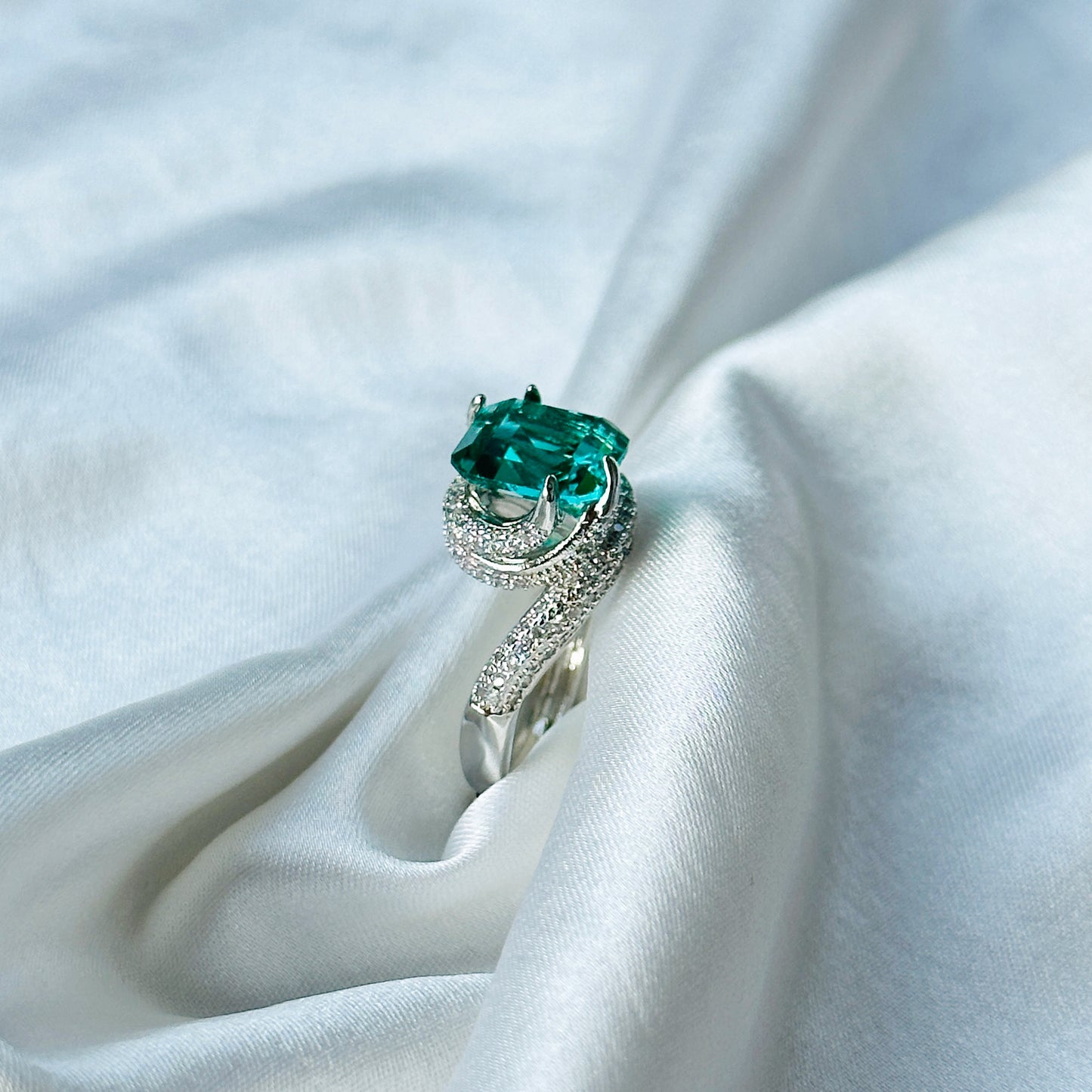 Sea Green Topaz Cubic Zircon American Diamond Silver Plated Adjustable Ring