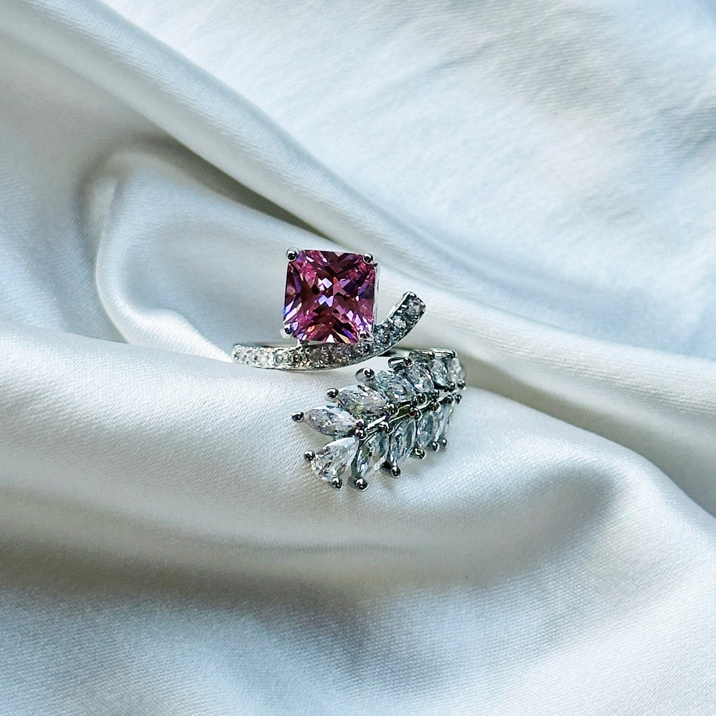 Pink Topaz Cubic Zircon American Diamond Silver Plated Adjustable Ring