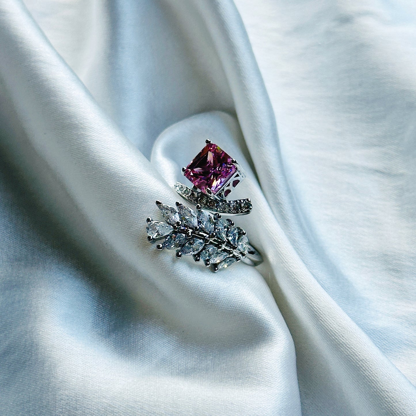 Pink Topaz Cubic Zircon American Diamond Silver Plated Adjustable Ring