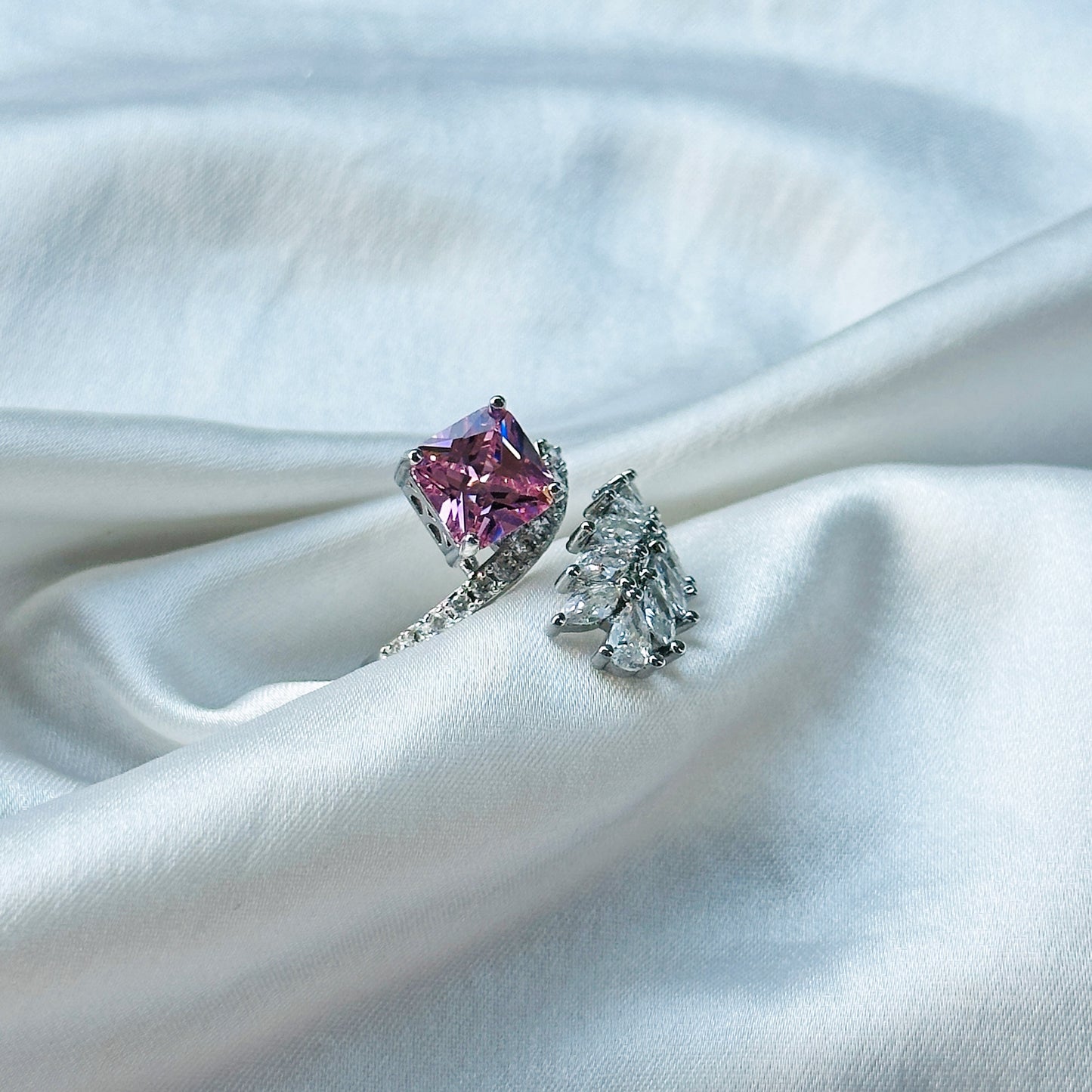 Pink Topaz Cubic Zircon American Diamond Silver Plated Adjustable Ring
