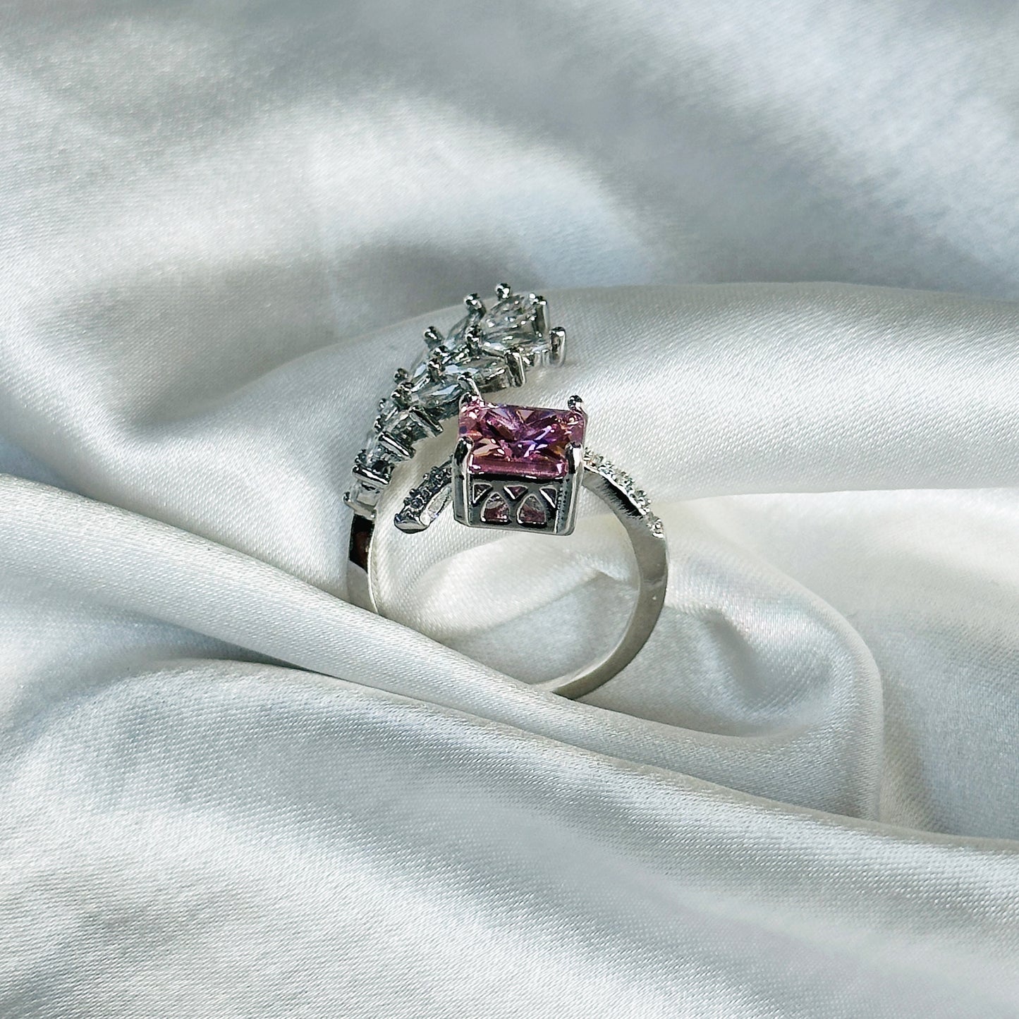 Pink Topaz Cubic Zirconia Ice Cut American Diamond Silver Plated Adjustable Ring