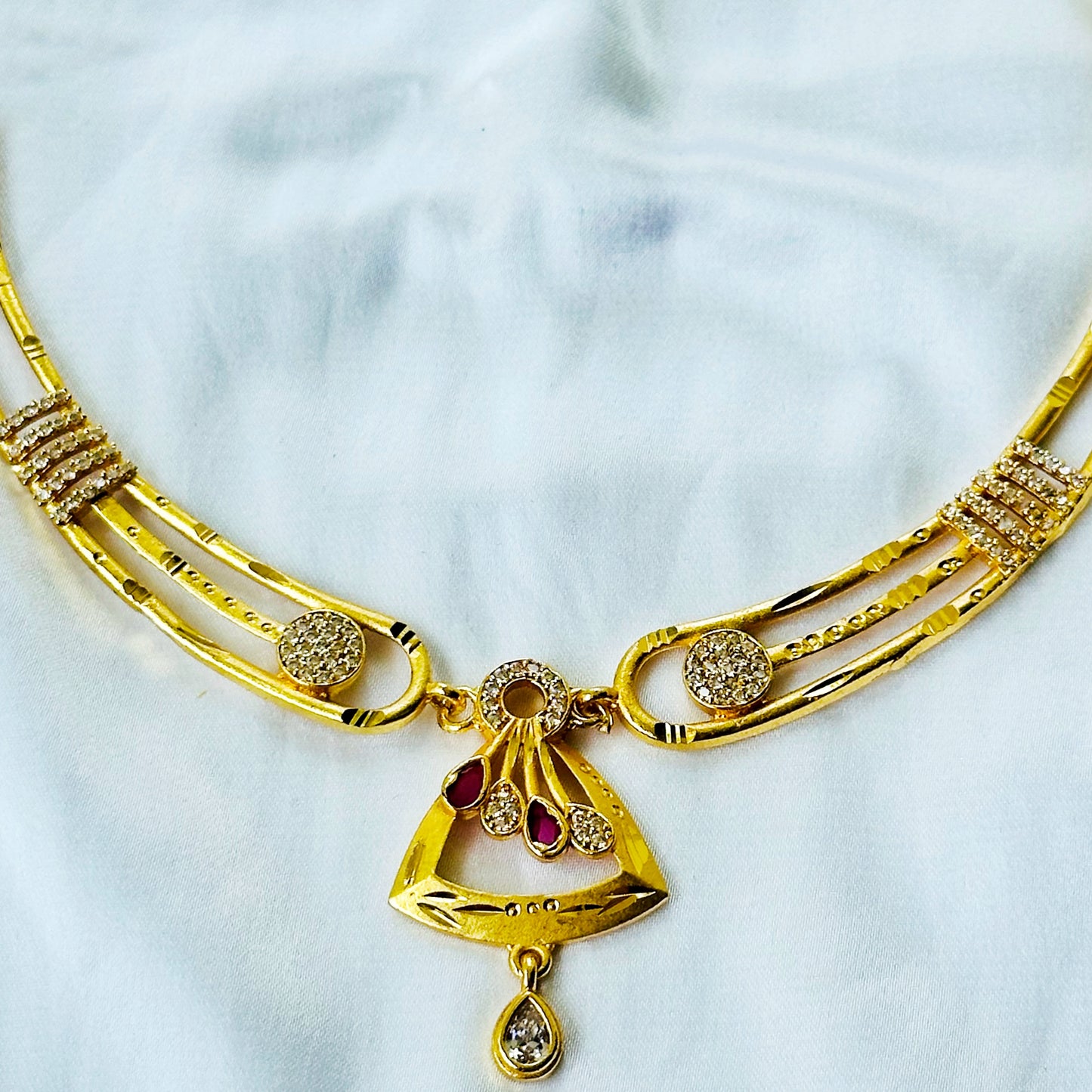 Red Ruby & Solitaire Cubic Zirconia American Diamond 1 Micron Gold Plated Necklace Set