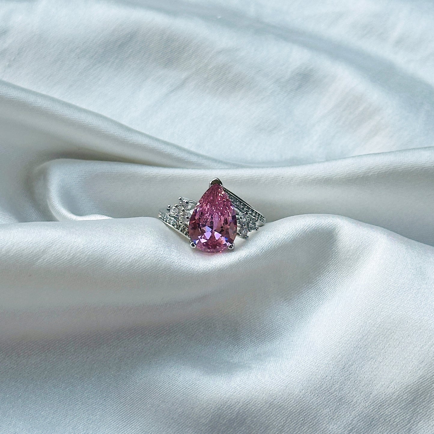 Pink Topaz Cubic Zirconia Ice Cut American Diamond Silver Plated Adjustable Ring