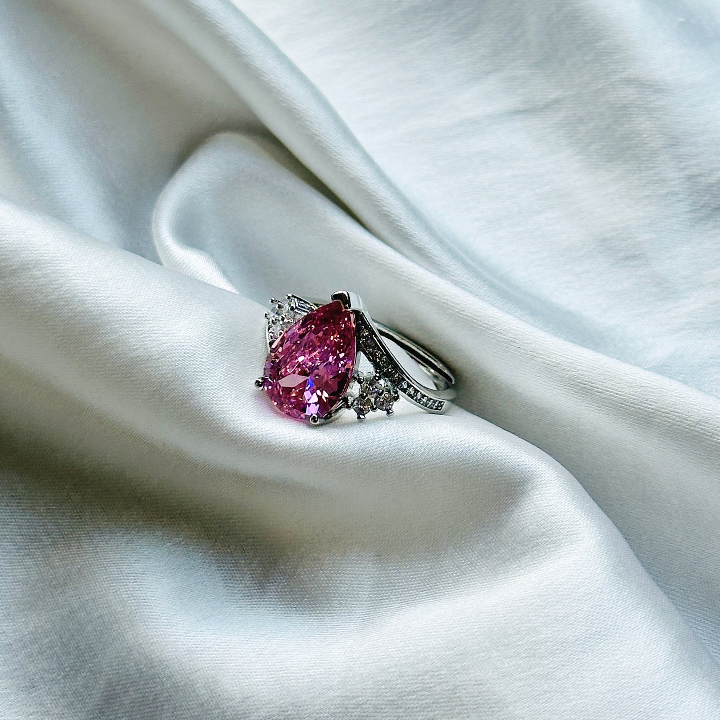 Pink Topaz Cubic Zircon American Diamond Silver Plated Adjustable Ring