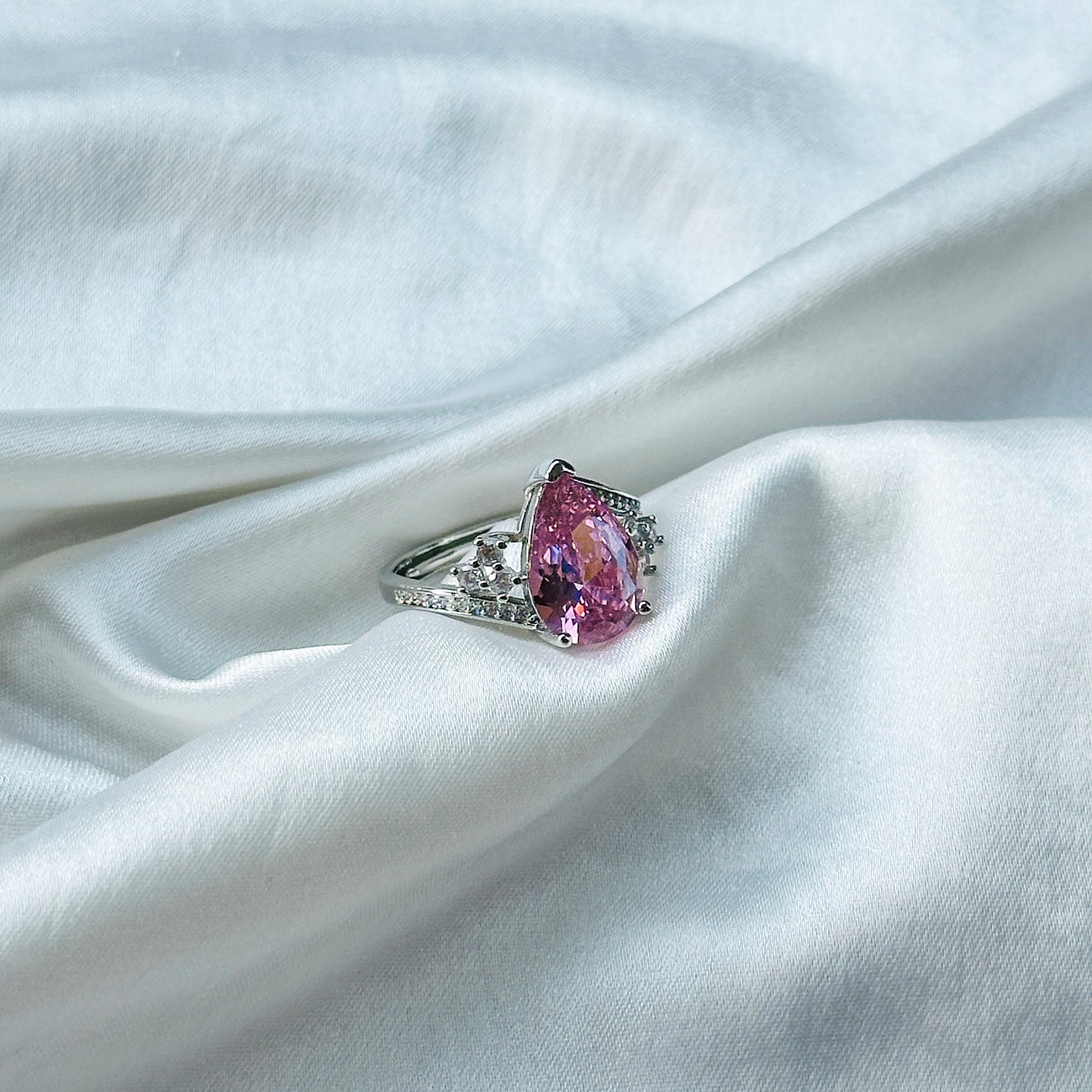 Pink Topaz Cubic Zircon American Diamond Silver Plated Adjustable Ring