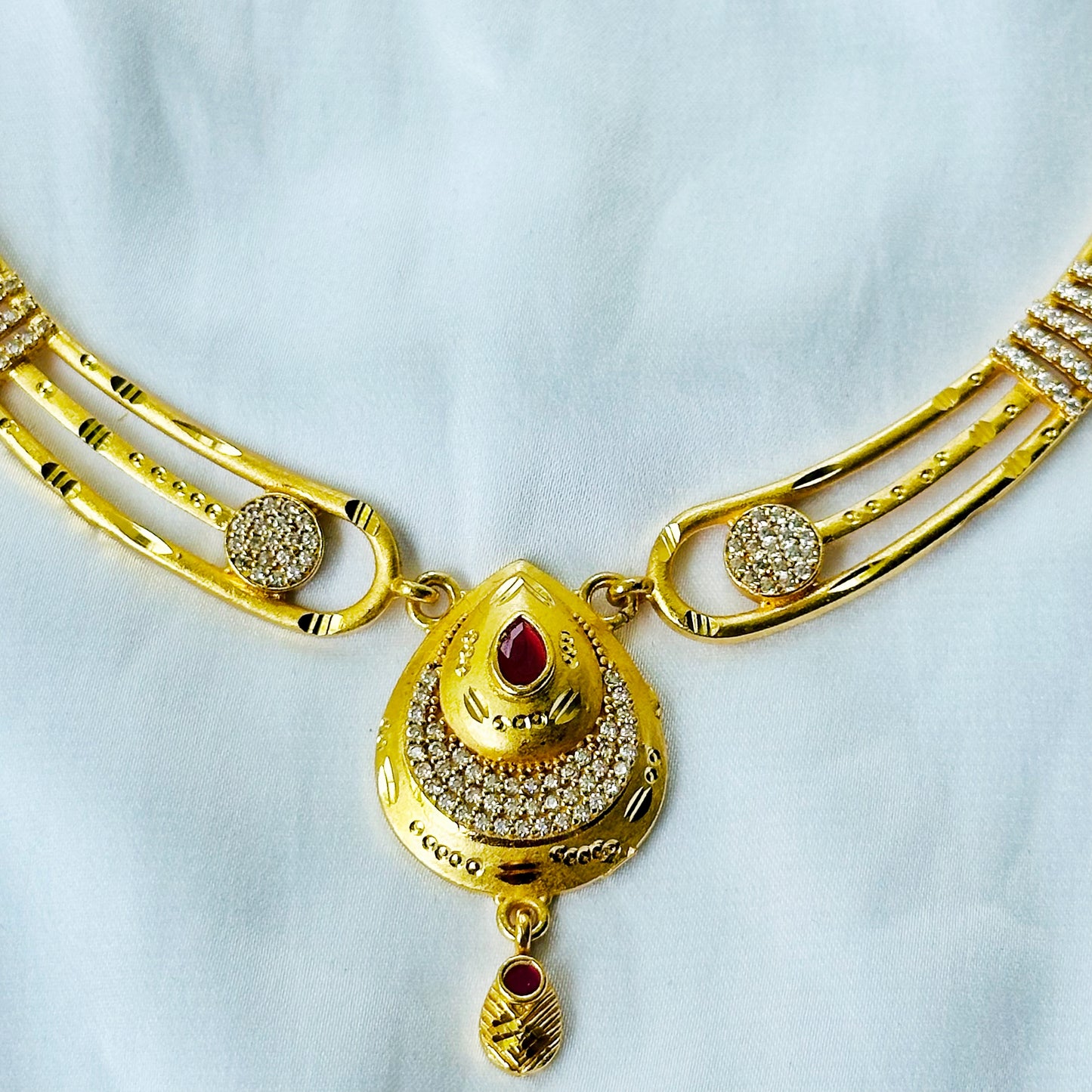 Red Ruby & Solitaire Cubic Zirconia American Diamond 1 Micron Gold Plated Necklace Set