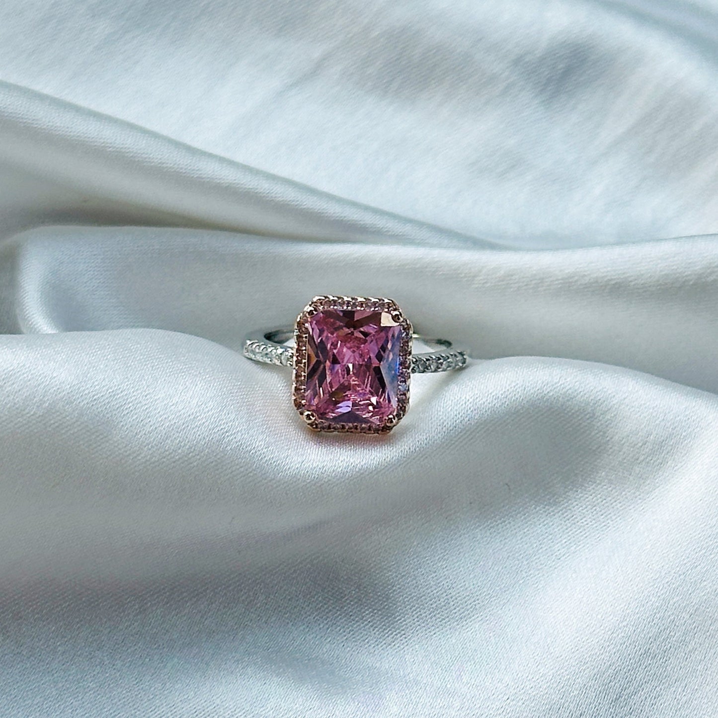 Pink Topaz Cubic Zircon American Diamond Rose Gold/Silver Plated Adjustable Ring