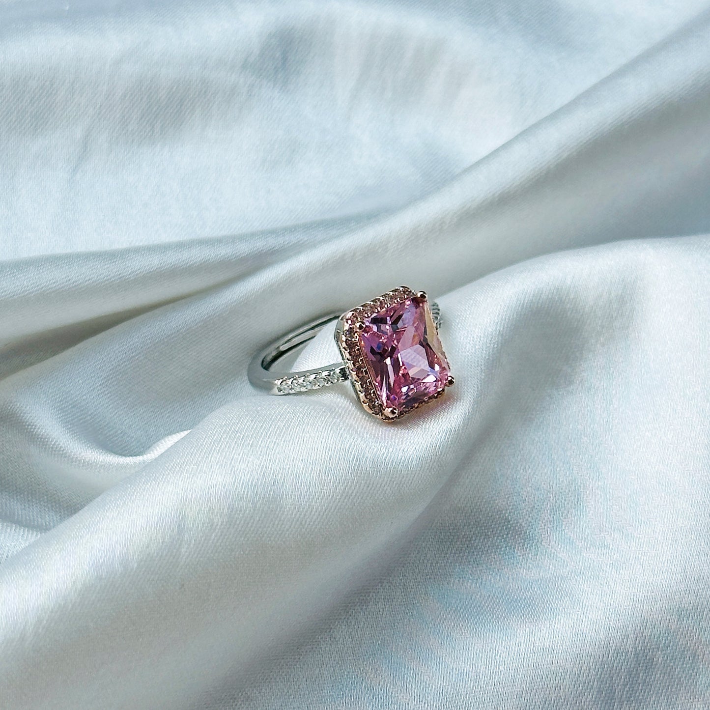 Pink Topaz Cubic Zircon American Diamond Rose Gold/Silver Plated Adjustable Ring