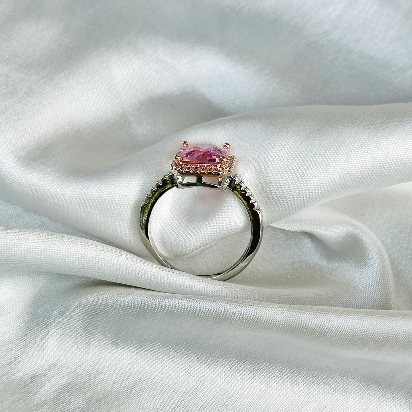 Pink Topaz Cubic Zirconia Ice Cut American Diamond Rose Gold/Silver Plated Adjustable Ring