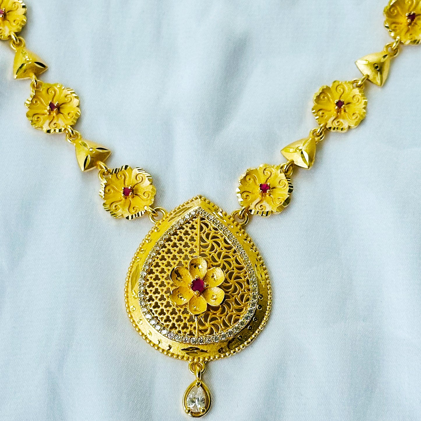 Floral Drop Design American Diamond 1 Micron Gold Plated Necklace Set