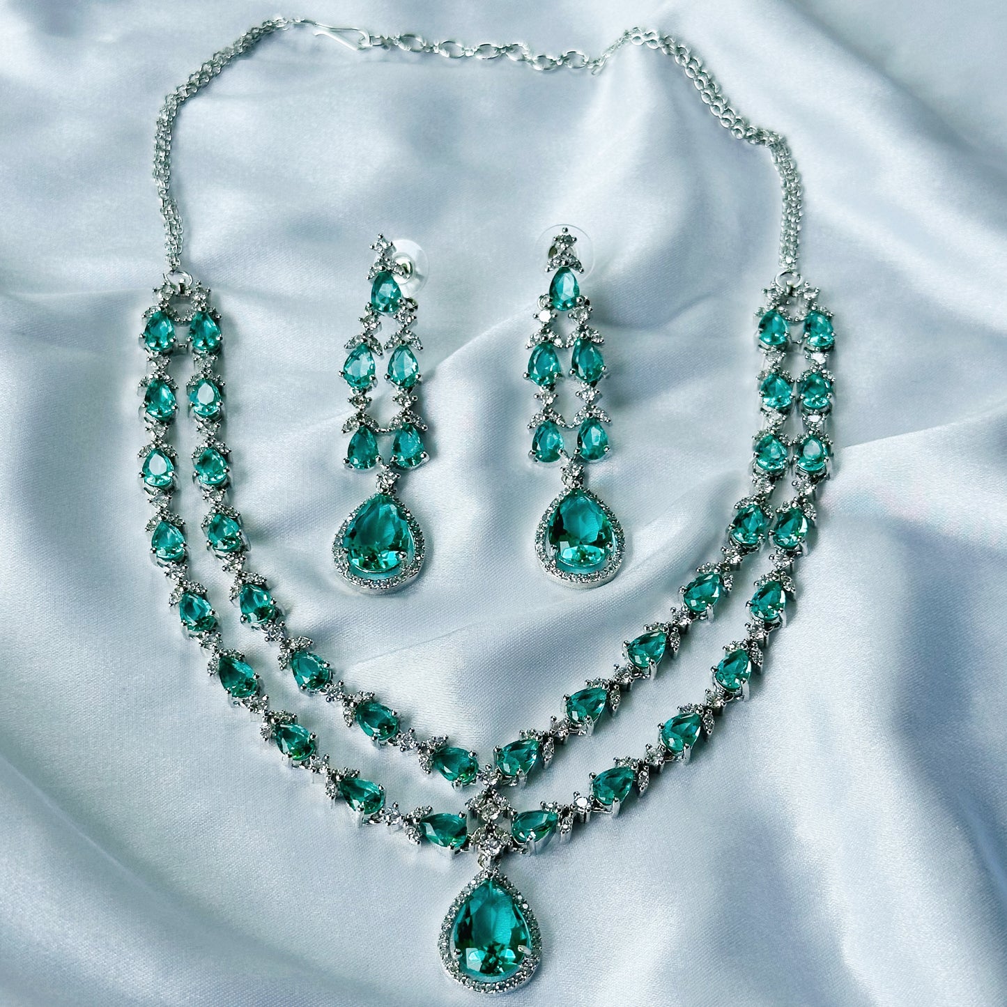 Sea Green Topaz Cubic Zircon Double Chain American Diamond Silver Plated Necklace Set