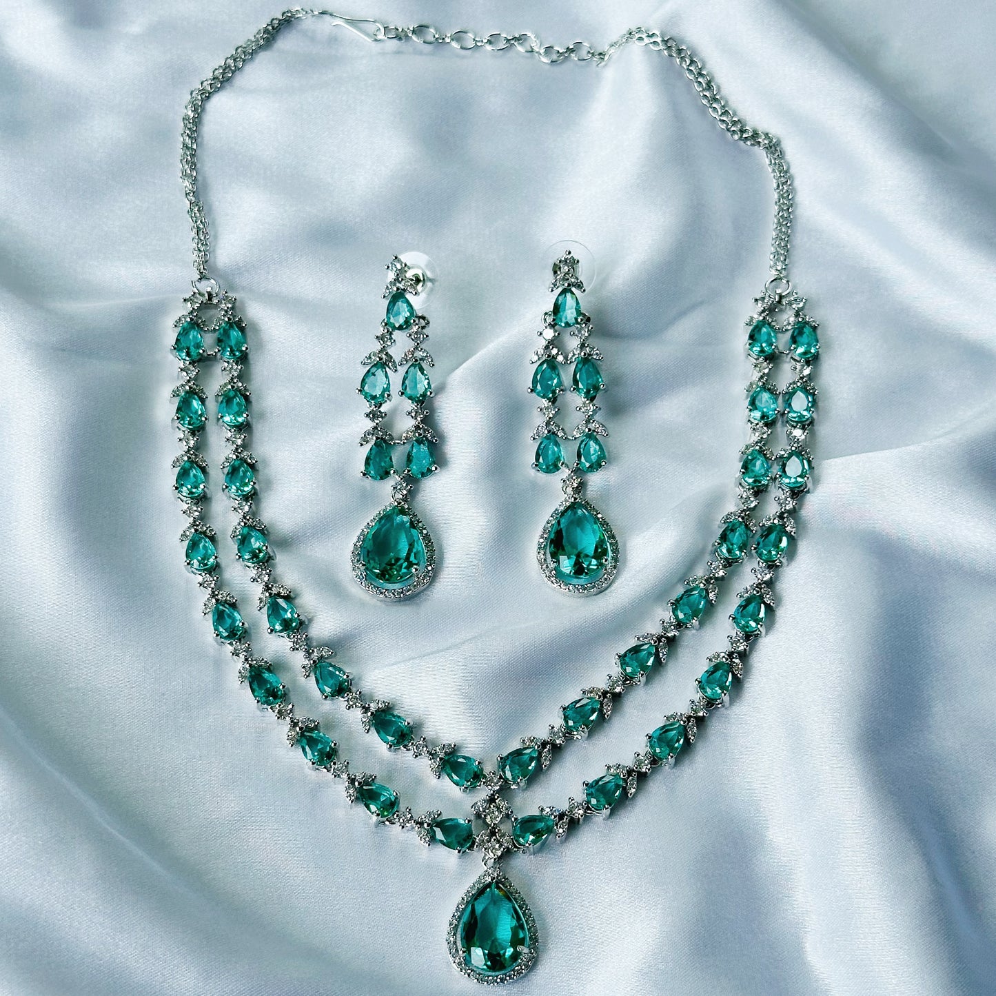 Sea Green Topaz Cubic Zircon Double Chain American Diamond Silver Plated Necklace Set