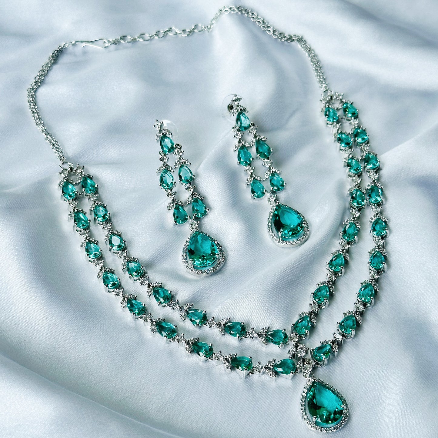 Sea Green Topaz Cubic Zircon Double Chain American Diamond Silver Plated Necklace Set