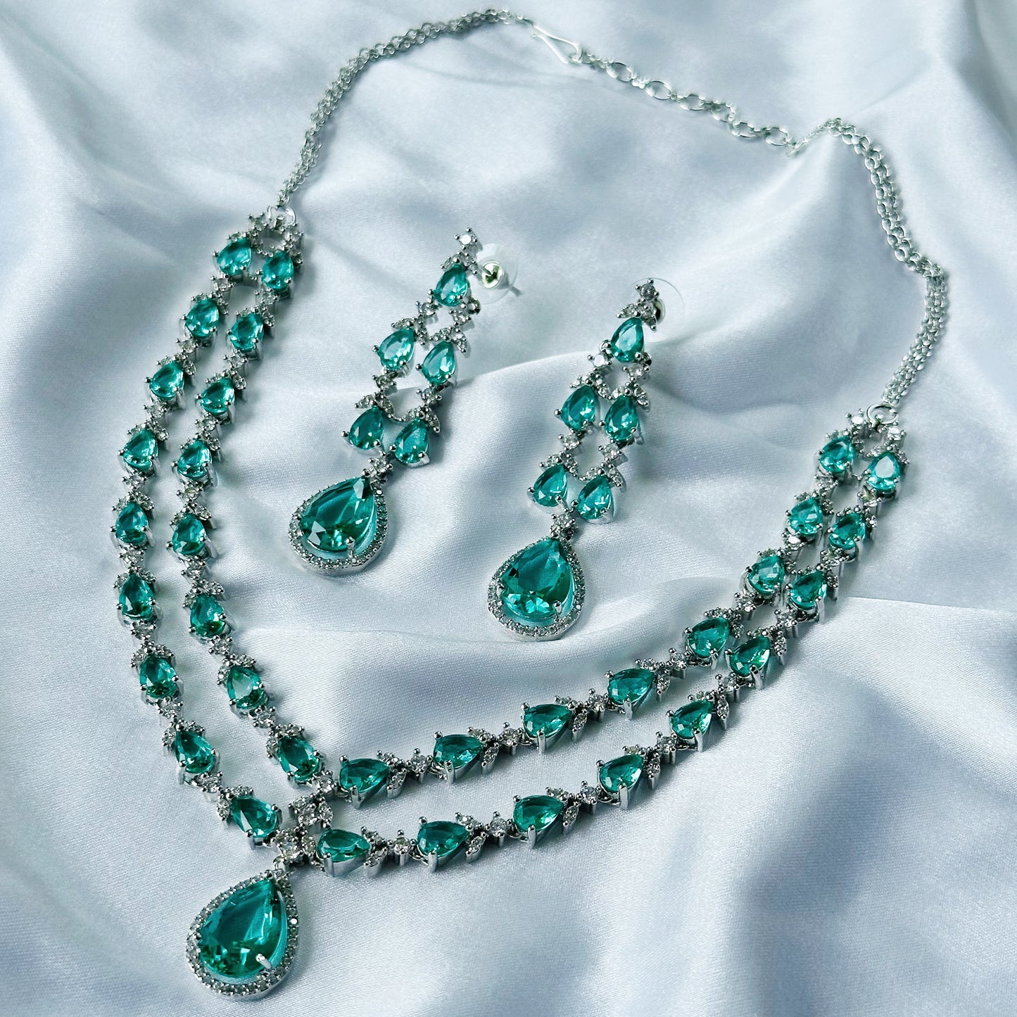 Sea Green Topaz Cubic Zircon Double Chain American Diamond Silver Plated Necklace Set