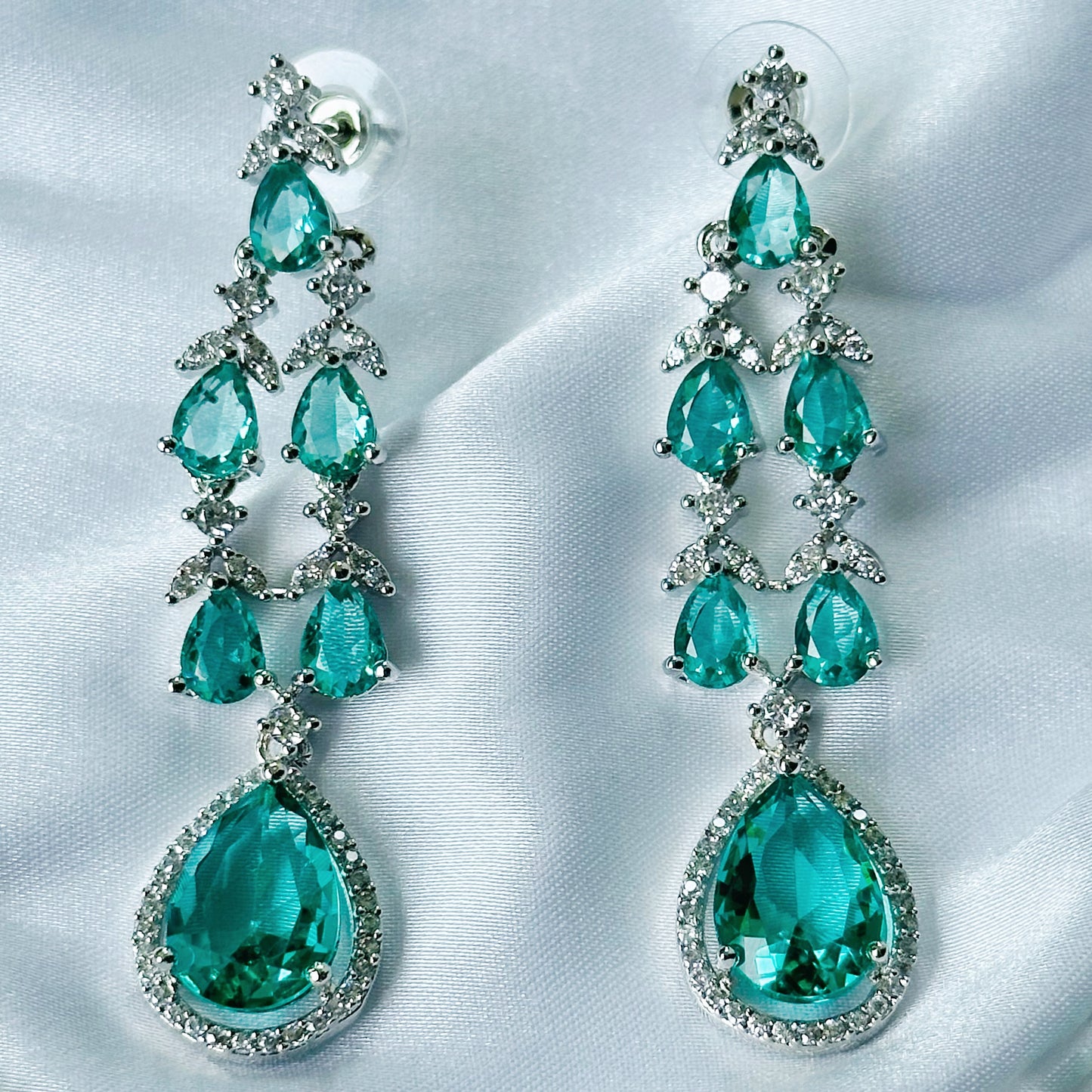 Sea Green Topaz Cubic Zircon Double Chain American Diamond Silver Plated Necklace Set