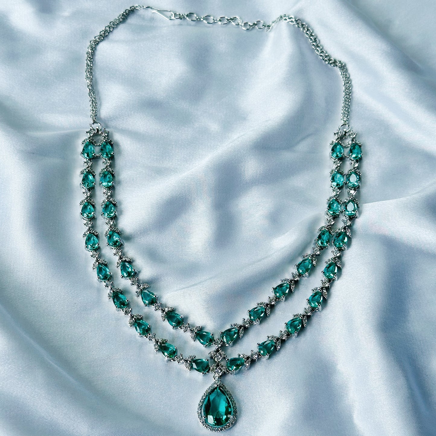 Sea Green Topaz Cubic Zircon Double Chain American Diamond Silver Plated Necklace Set