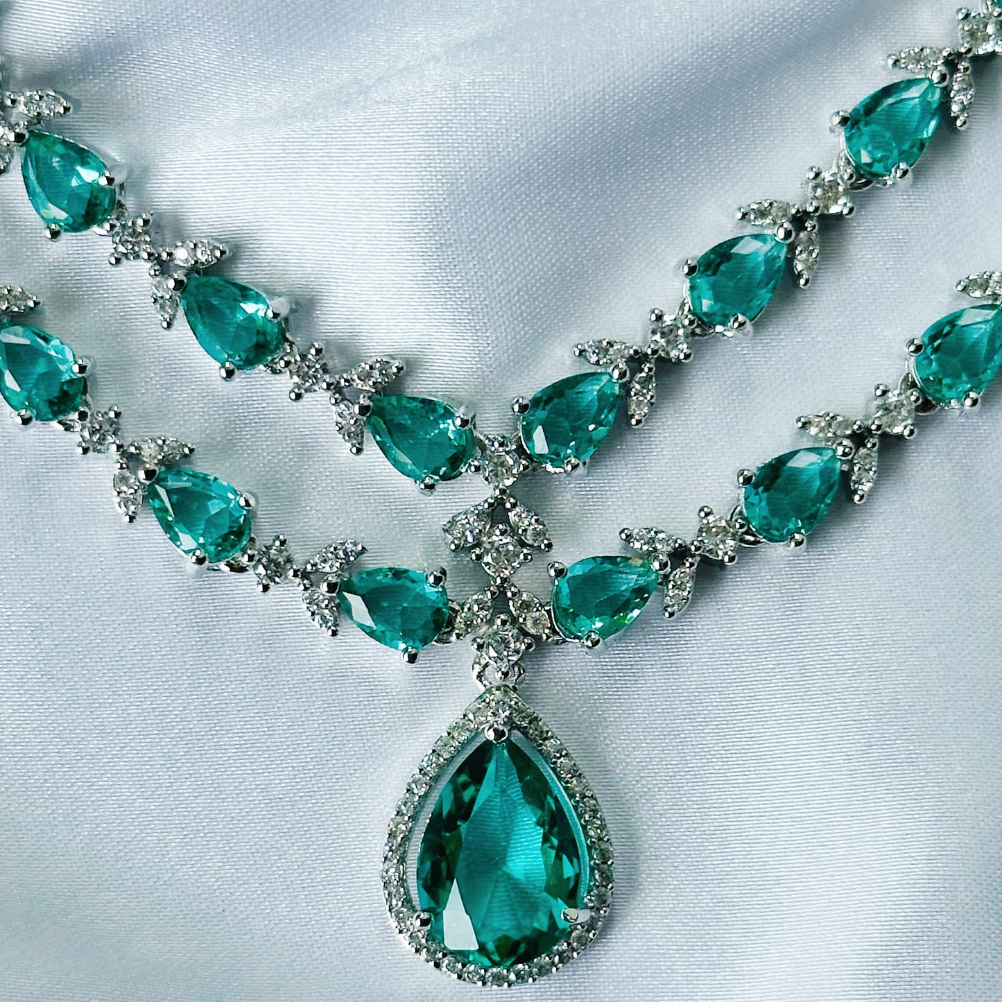 Sea Green Topaz Cubic Zircon Double Chain American Diamond Silver Plated Necklace Set
