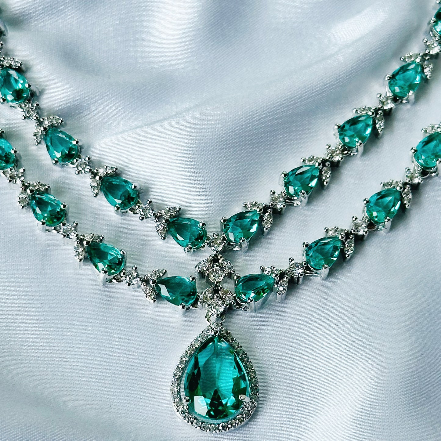 Sea Green Topaz Cubic Zircon Double Chain American Diamond Silver Plated Necklace Set