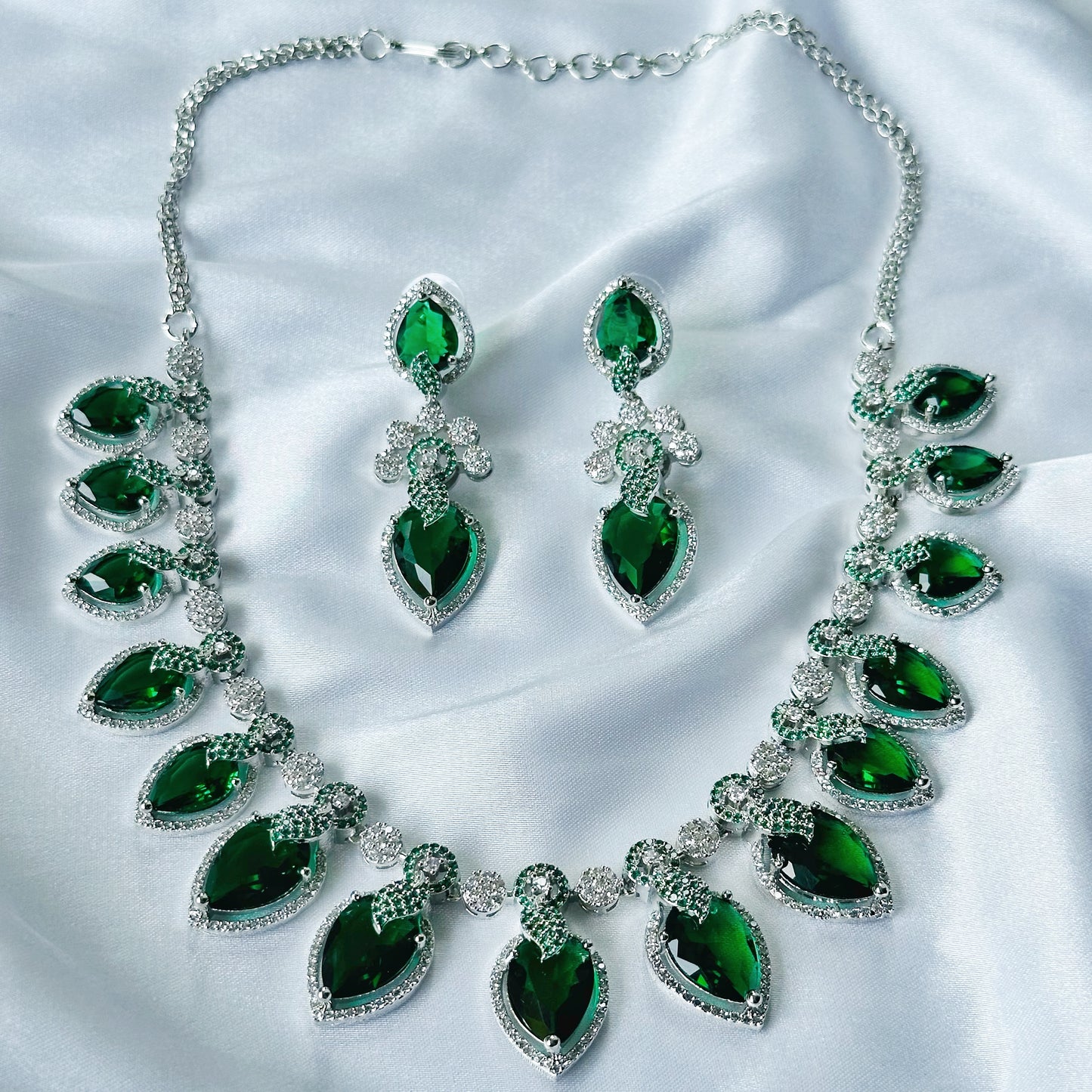 Green Emerald Cubic Zircon Stones American Diamond Silver Plated Necklace Set