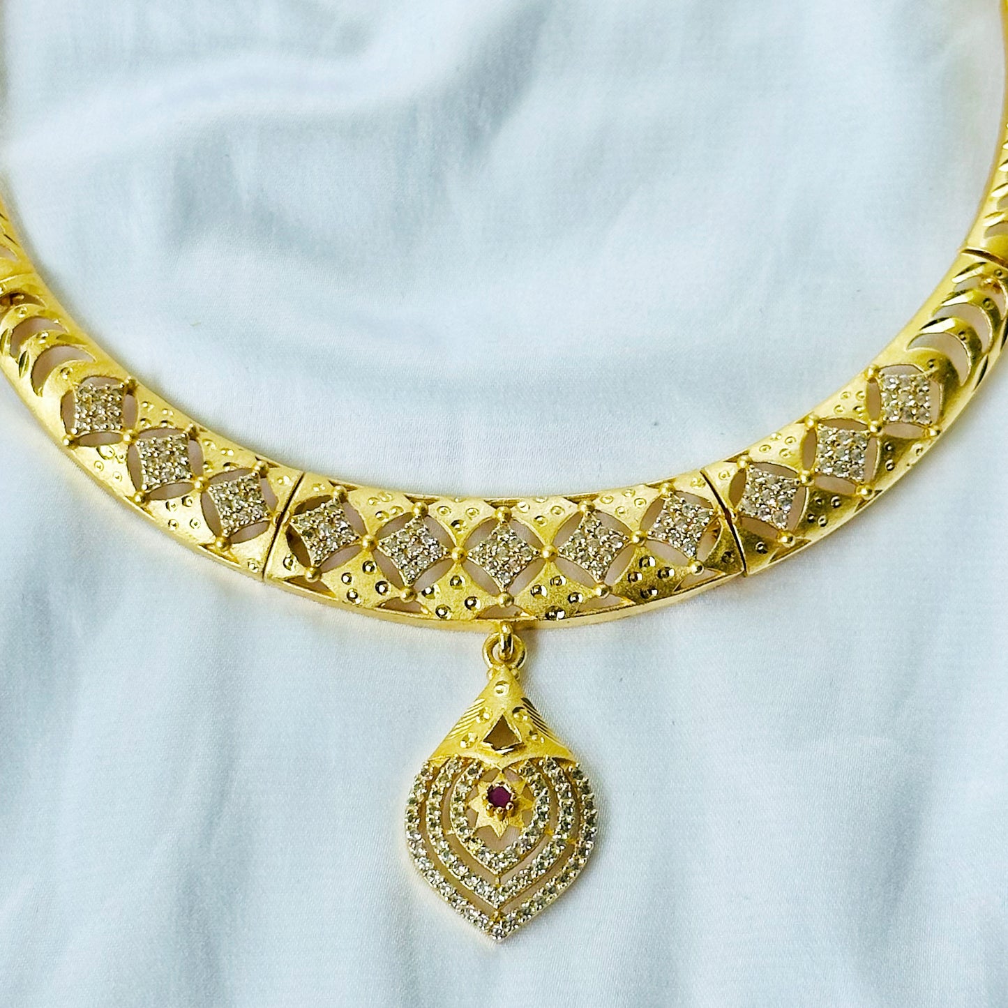 Red Ruby & Solitaire Cubic Zirconia American Diamond 1 Micron Gold Plated Necklace Set