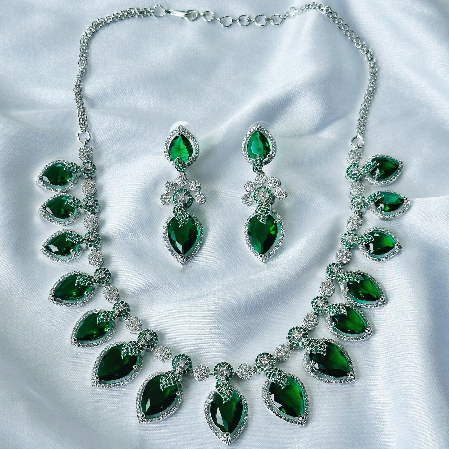 Green Emerald Cubic Zircon Stones American Diamond Silver Plated Necklace Set