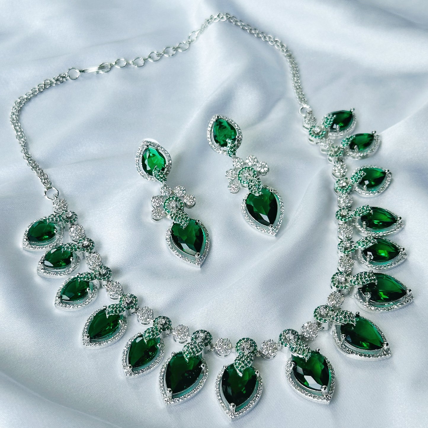 Green Emerald Cubic Zircon Stones American Diamond Silver Plated Necklace Set