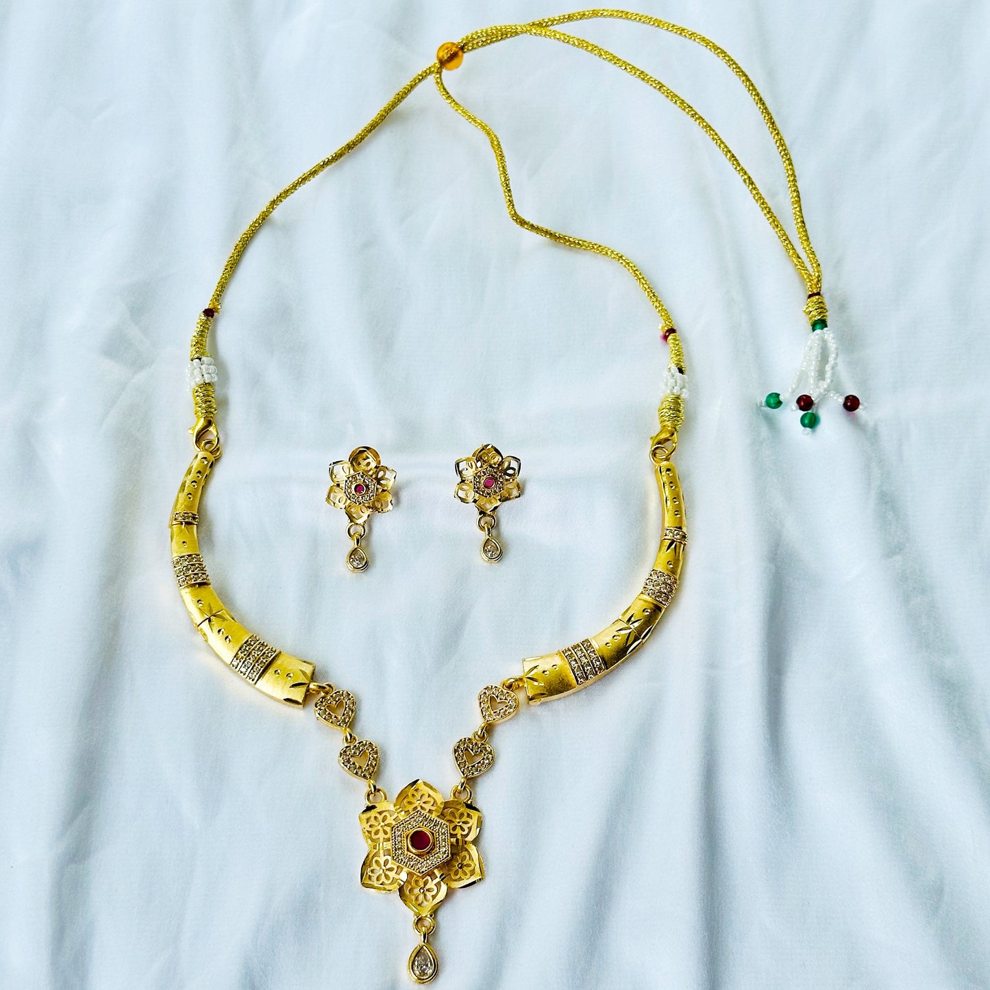 Floral Design American Diamond 1 Micron Gold Plated Necklace Set