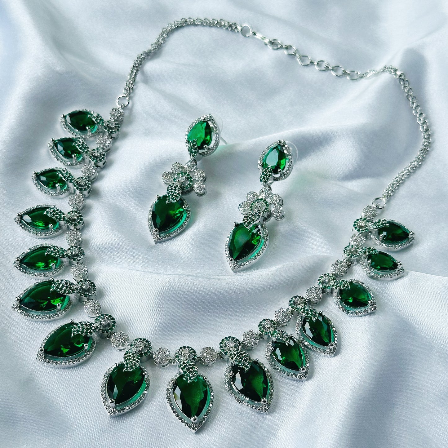 Green Emerald Cubic Zircon Stones American Diamond Silver Plated Necklace Set