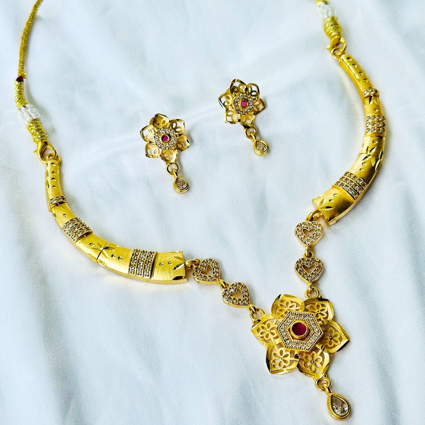 Floral Design American Diamond 1 Micron Gold Plated Necklace Set