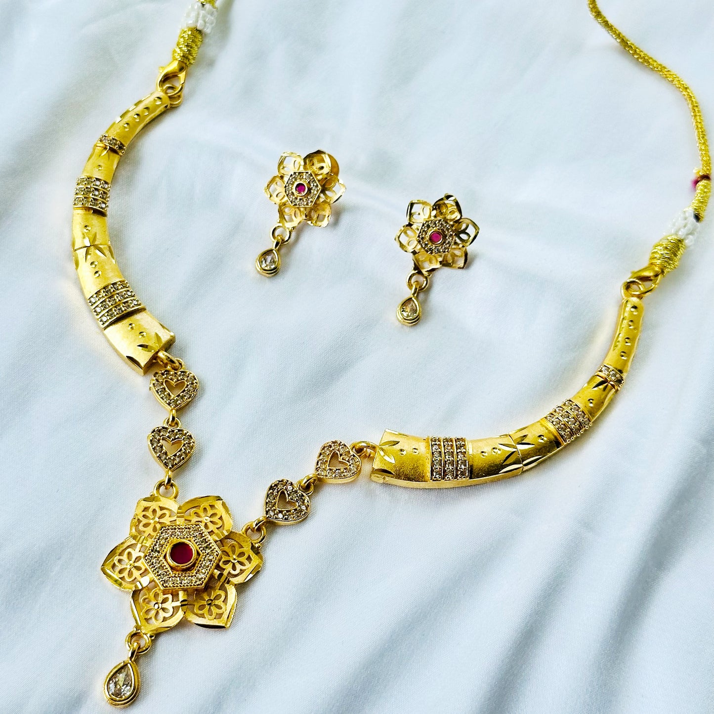 Floral Design American Diamond 1 Micron Gold Plated Necklace Set