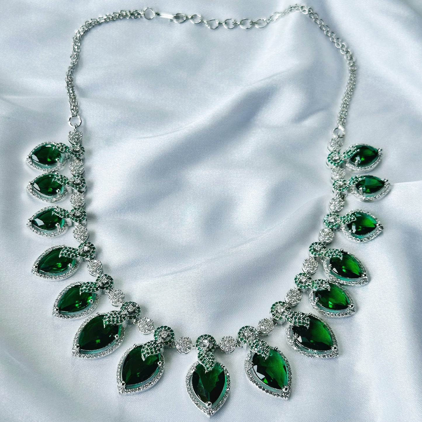 Green Emerald Cubic Zircon Stones American Diamond Silver Plated Necklace Set