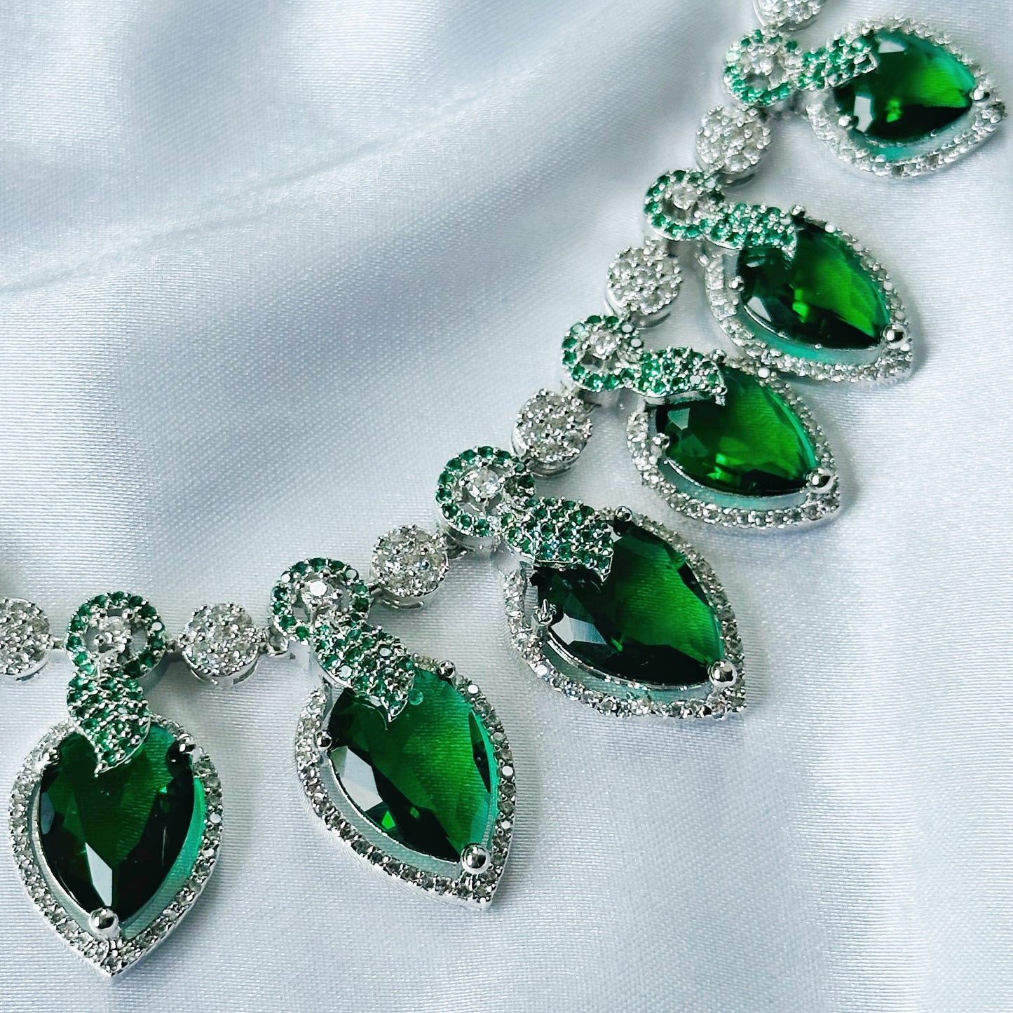 Green Emerald Cubic Zircon Stones American Diamond Silver Plated Necklace Set