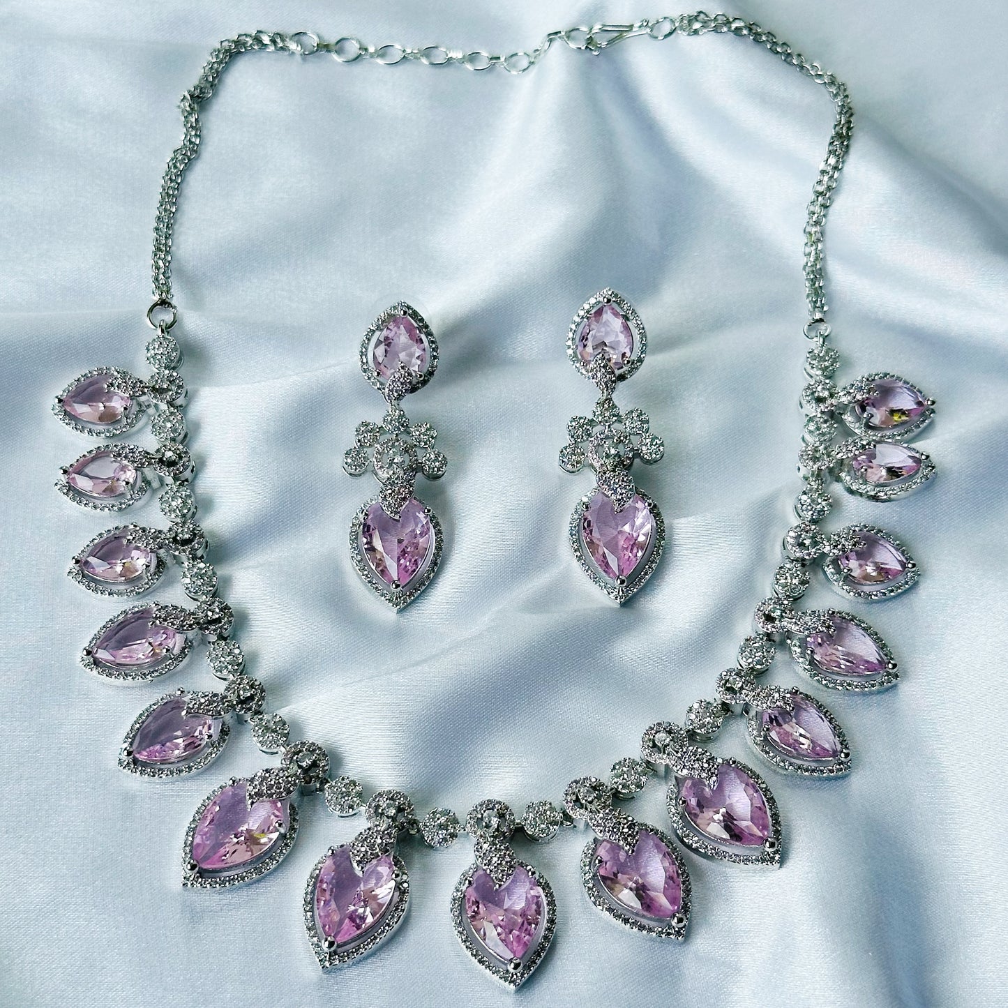 Pink Topaz Cubic Zircon Stones American Diamond Silver Plated Necklace Set
